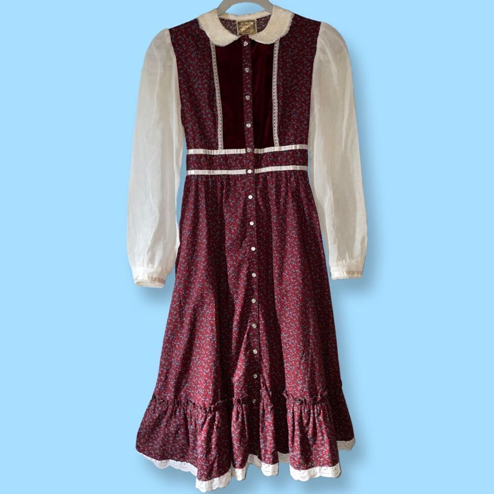 GUNNE SAX Velvet Bodice Jeunes Filles Vintage 1970s Calico Prairie Dress Size 10